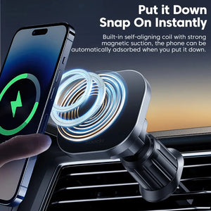 Phone holder with magnetic suction feature in a car, showing text about its functionality.