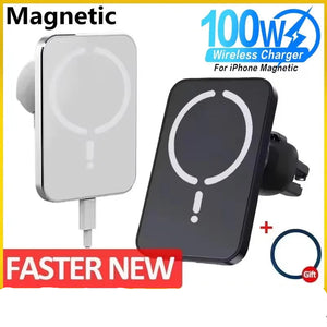 Two wireless chargers, one white and one black, with a 100W wireless charger logo and promotional text on a yellow background.