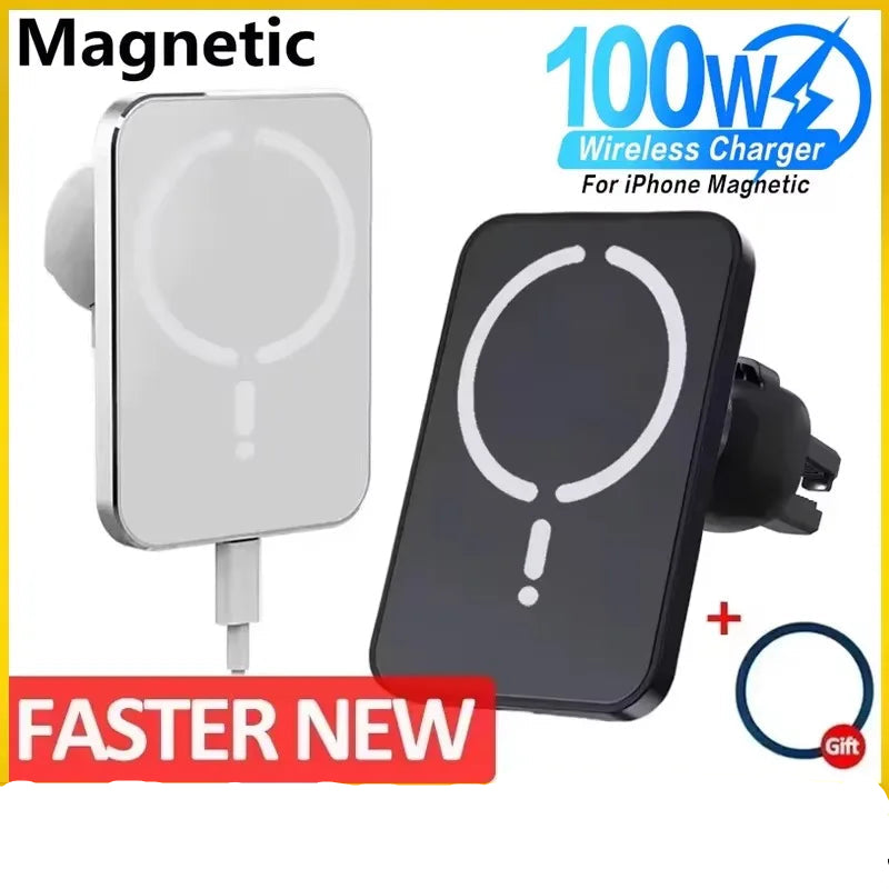 Two wireless chargers, one white and one black, with a 100W wireless charger logo and promotional text on a yellow background.