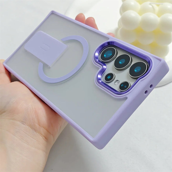 Luxury Magsafe Magnetic Stand Case for Samsung S23/S24/S25 Ultra with Plating Lens Protection and Wireless Charging Compatibility