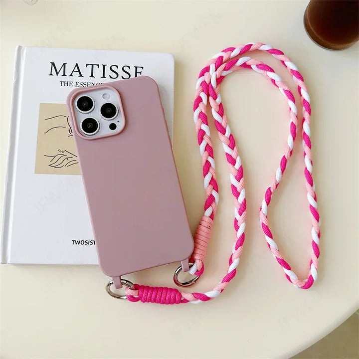 Candy color silicone phone case with a crossbody lanyard strap for iPhone
