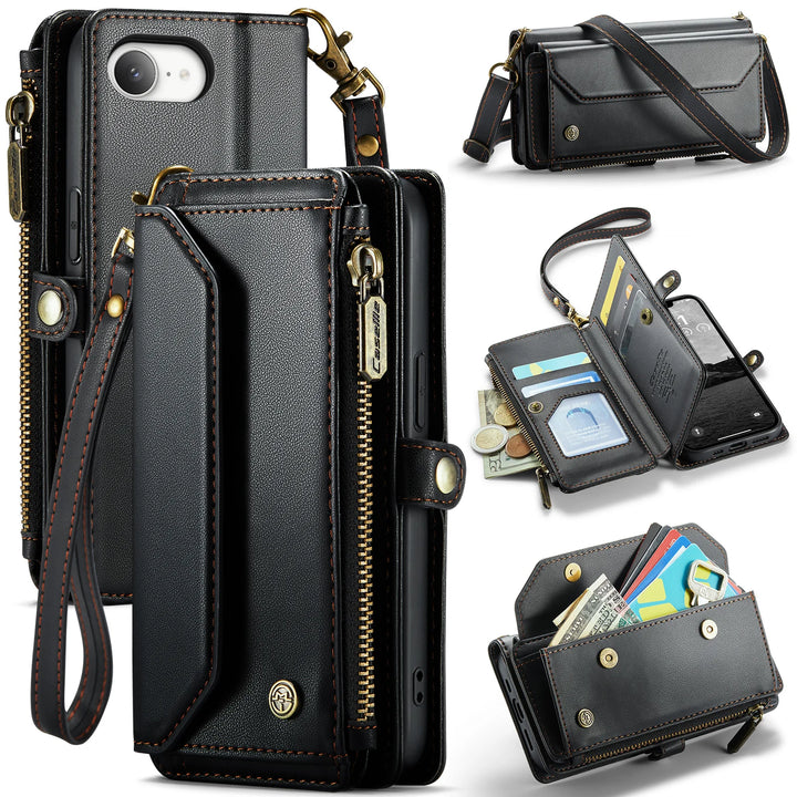 Leather Wallet Phone Case for iPhone 16 Pro Max – Zipper Card Holder with Detachable Magnetic Flip Cover and Strap