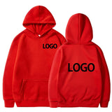 Red hoodie with 'LOGO' printed on front and back against a white background