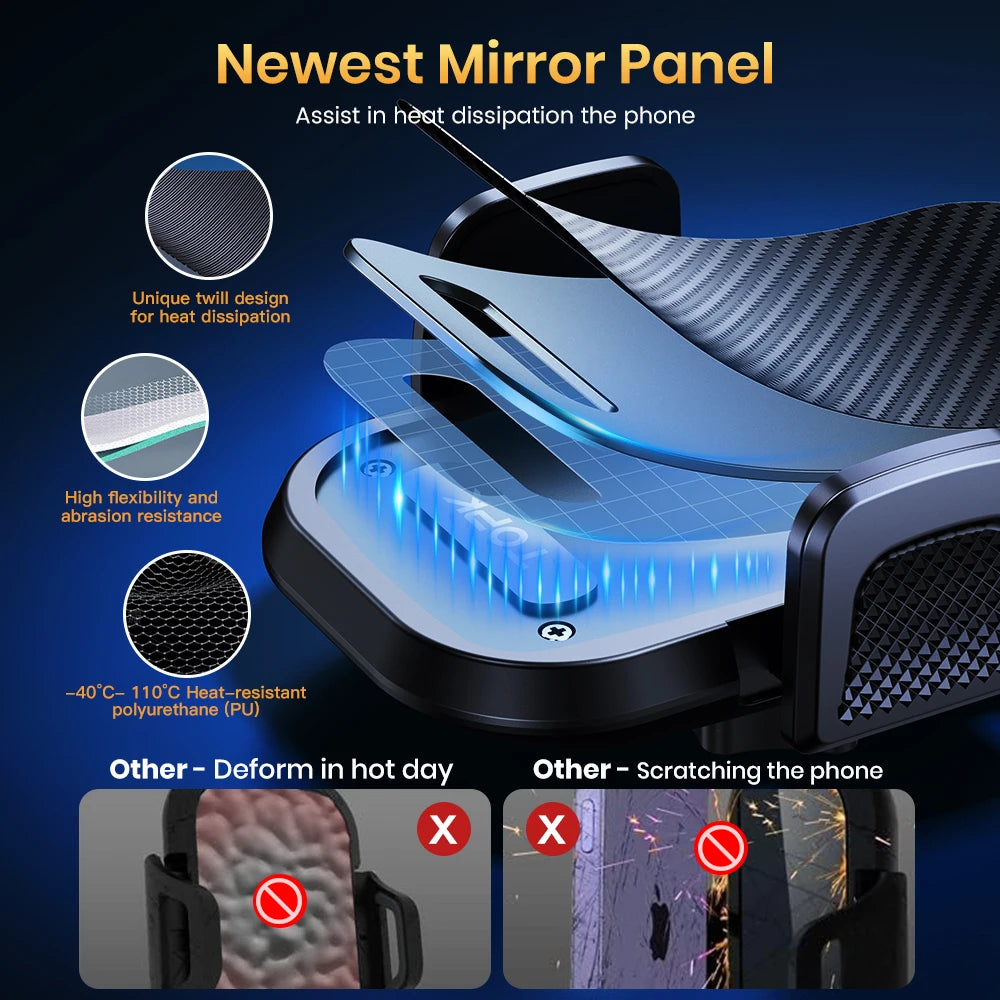 Advertisement for a newest mirror panel with thermal management features on a dark blue background.
