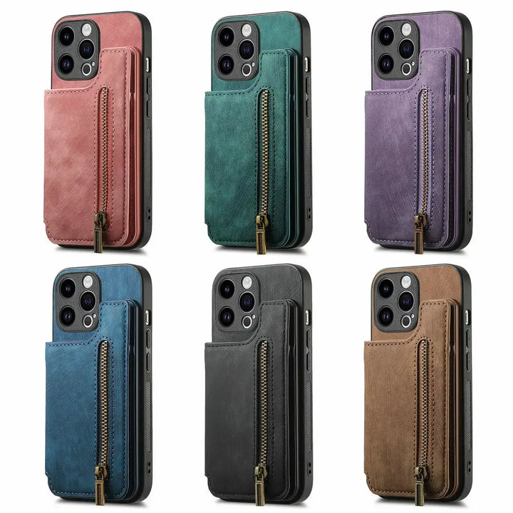 Zipper Wallet Leather Phone Case with Card Holder for iPhone 16/15/14/13/12/11 Pro Max