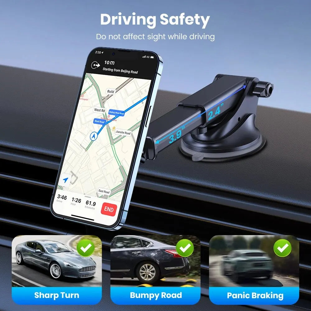 Car phone mount with smartphone displaying navigation app, emphasizing driving safety.