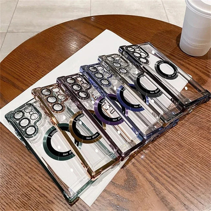 Luxury MagSafe electroplate Samsung case with shockproof bumper, hard transparent back cover, and wireless charging support.