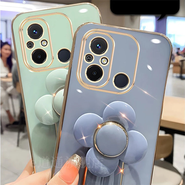 Luxury Turn Flower Stand Case for Redmi Note 13 Pro Plus, 12, 11S, and 10A with premium floral design and stand functionality