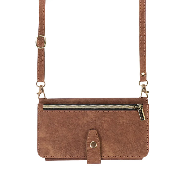 Crossbody wallet case for iPhone with card holder, lanyard, and kickstand for hands-free use.