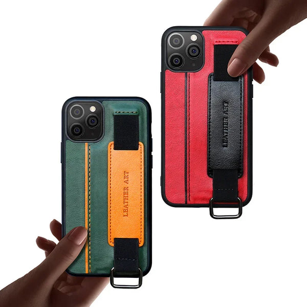 PU leather iPhone case with card holder, wristband, and detachable lanyard.
