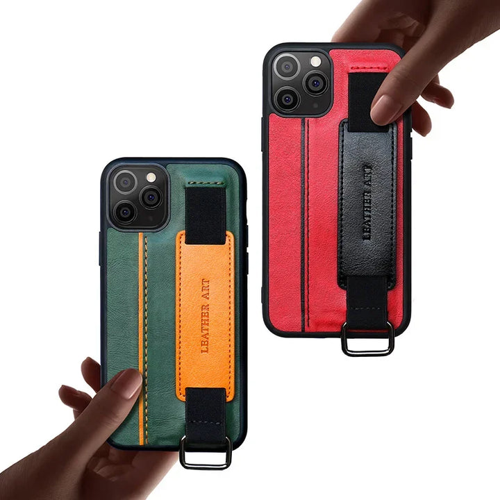 PU leather iPhone case with card holder, wristband, and detachable lanyard.