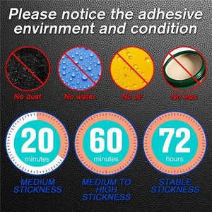 Adhesive compatibility chart with icons and time durations on a dark background