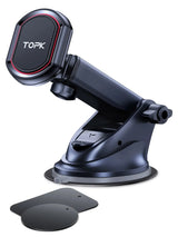 Black car phone holder with suction cup and magnetic phone mount on a white background, featuring the brand 'TOPK'.