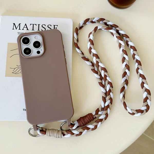 Candy color silicone phone case with a crossbody lanyard strap for iPhone
