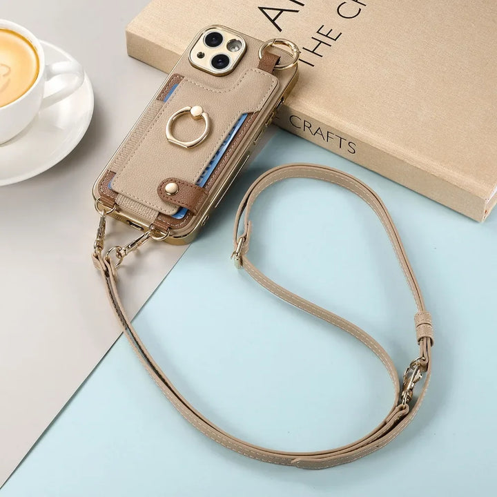 iPhone 15/14 Plus/13/12/11 Pro Max Plating Phone Case with Wrist Strap and Long Lanyard, Short Hand Rope PU Leather Cover