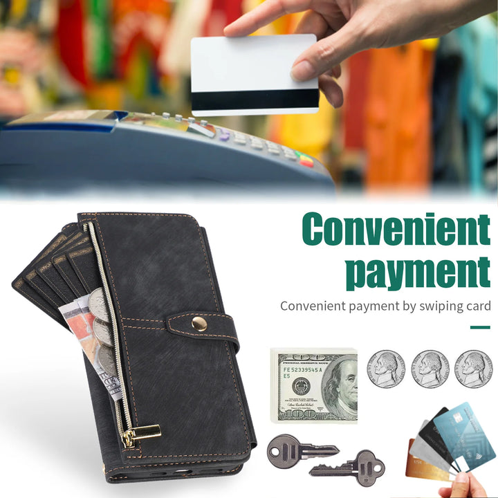 Crossbody wallet case for iPhone with card holder, lanyard, and kickstand for hands-free use.