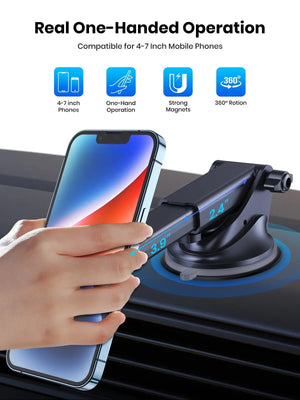 Phone holder with smartphone on a car dashboard, highlighting features like one-handed operation and strong magnets.