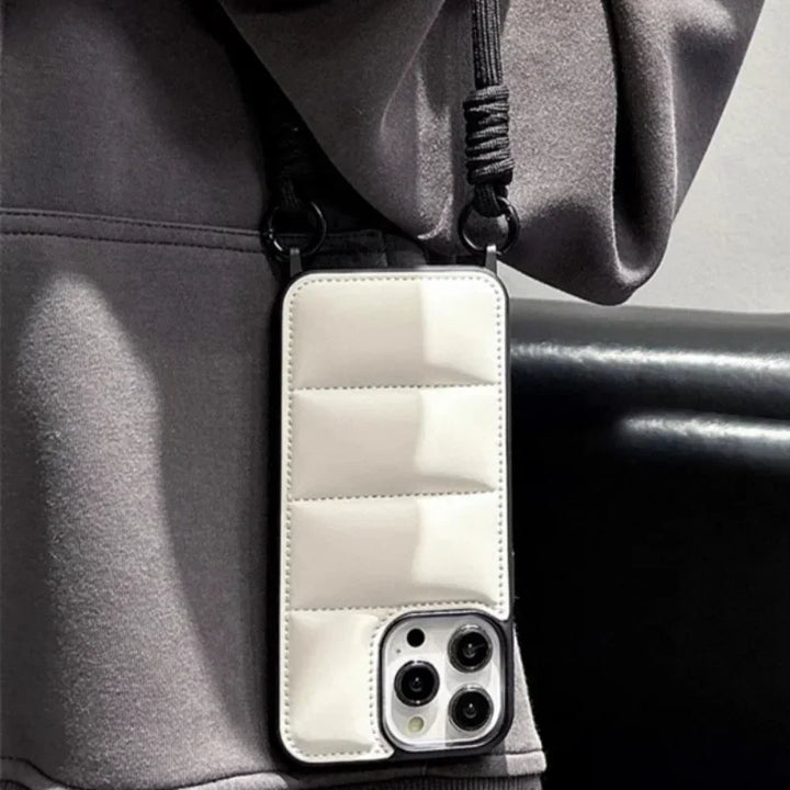 Soft Puffer Jacket Style Silicone Case with Lanyard for iPhone 15 Pro Max – Anti-Fingerprint & Full Protection