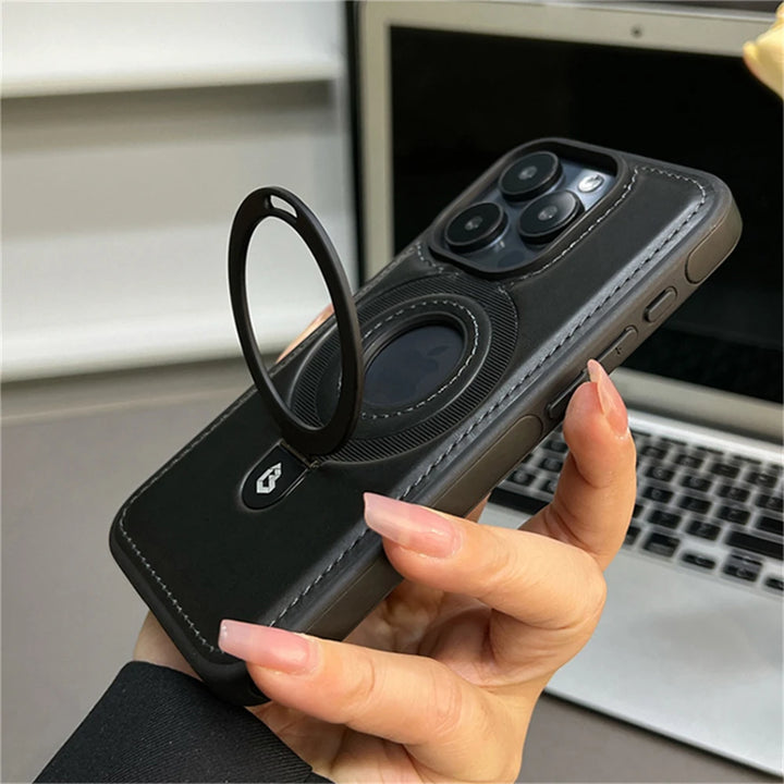 Luxury PU Leather iPhone 16 to iPhone 12 Pro Max Magnetic Case with Ring Stand and Hollow Logo – Red, Blue, Brown, Black
