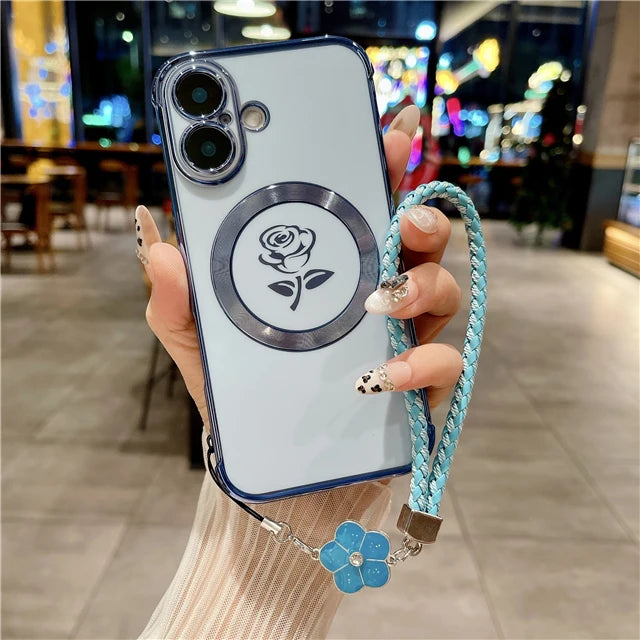 Luxury Magsafe Magnetic Plating Frame Phone Case with Lanyard for iPhone 16 and Samsung Galaxy