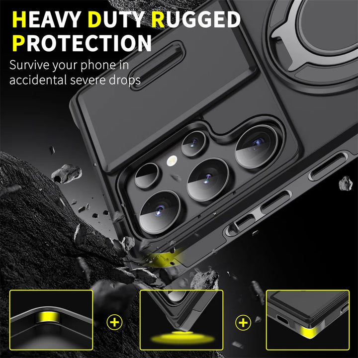 Magnetic Slide Camera Protection Case for Samsung S21-S25 – Shockproof, Stand, Anti-Scratch