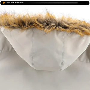 Close-up of a beige jacket with fur trim on a white background