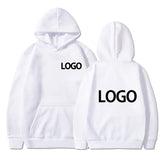 White hoodie with 'LOGO' printed on front and back against a white background