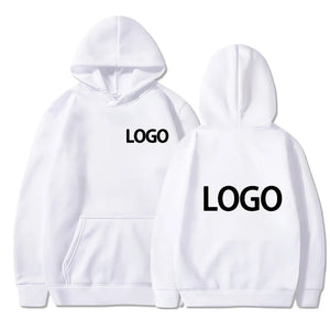 White hoodie with 'LOGO' printed on front and back against a white background