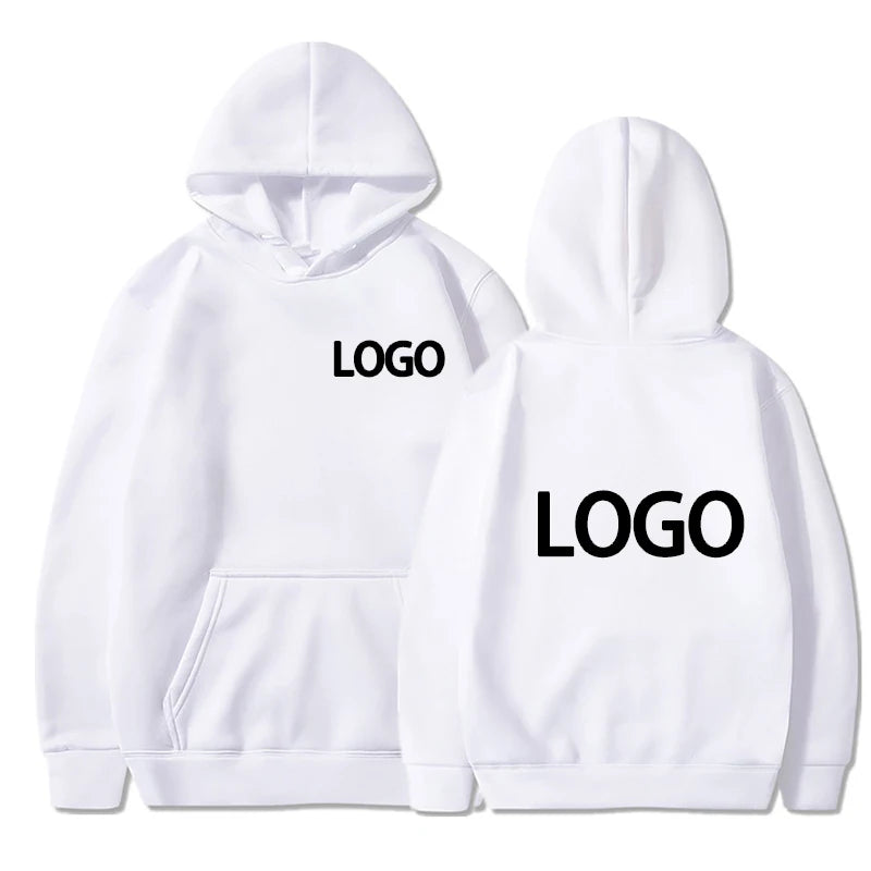 White hoodie with 'LOGO' printed on front and back against a white background
