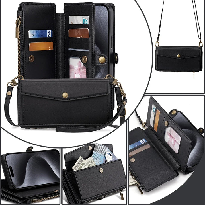 Wallet Flip Stand Leather Case with Crossbody Strap and Card Slots for iPhone 6-15 Pro Max