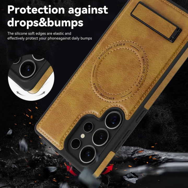 Luxury leather stand case for Samsung Galaxy S23, S24, S25 Ultra, offering premium protection and style.