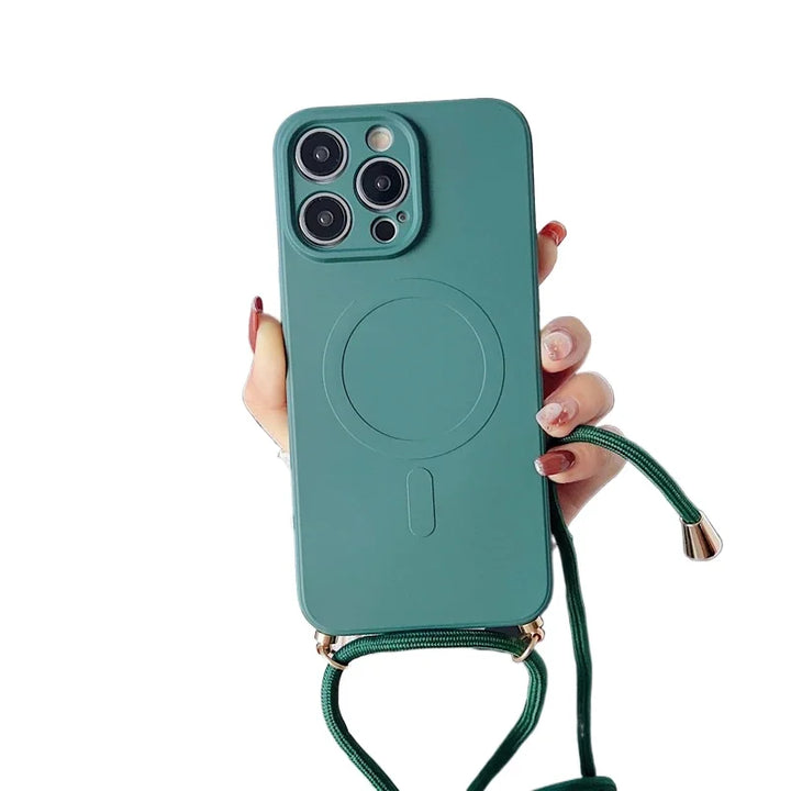 Liquid Silicone Crossbody iPhone Case with Lanyard – MagSafe Compatible Lightweight Shockproof Cover for iPhone 11–16 Pro Max
