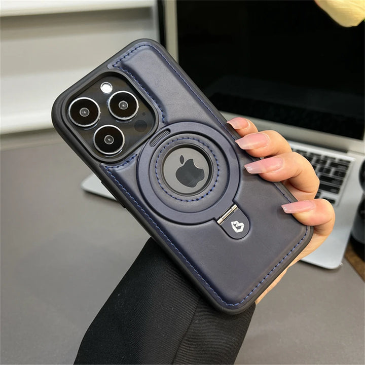 Luxury PU Leather iPhone 16 to iPhone 12 Pro Max Magnetic Case with Ring Stand and Hollow Logo – Red, Blue, Brown, Black