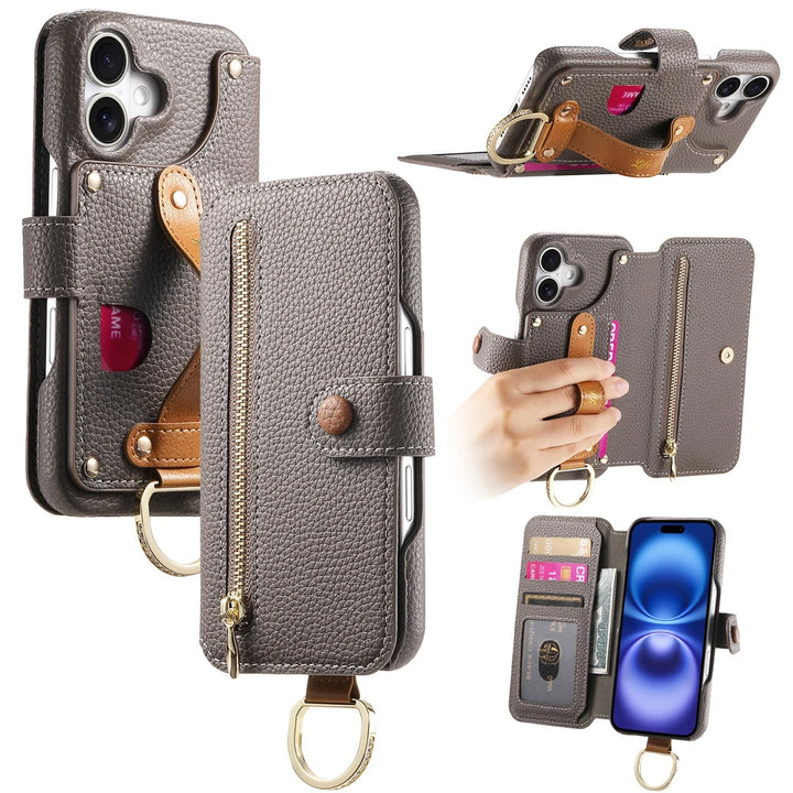 Litchi pattern flip leather phone case with a wrist strap, card holder, and wallet design for iPhone 16, 15, and 14 Pro Max.