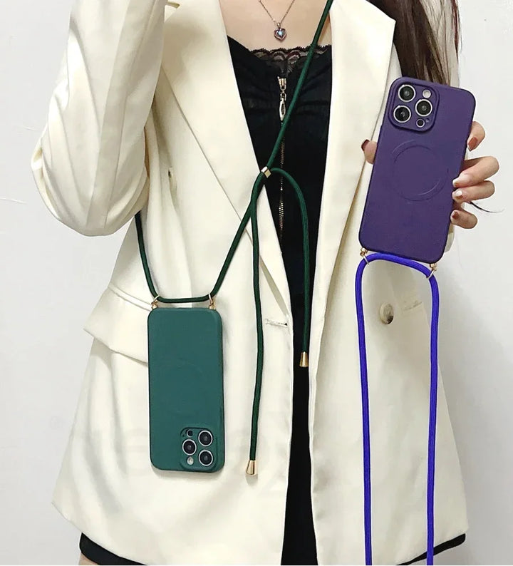 Liquid Silicone Crossbody iPhone Case with Lanyard – MagSafe Compatible Lightweight Shockproof Cover for iPhone 11–16 Pro Max