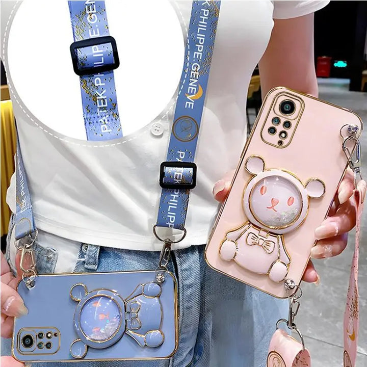 Luxury Bear Lanyard Strap Case for Xiaomi Redmi Note 12 11 10 9 Pro with Cute Design and Durable Strap