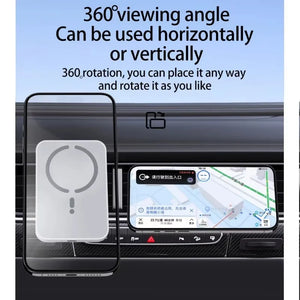 Car mount with 360-degree viewing angle and rotation capability, placed on a car dashboard.