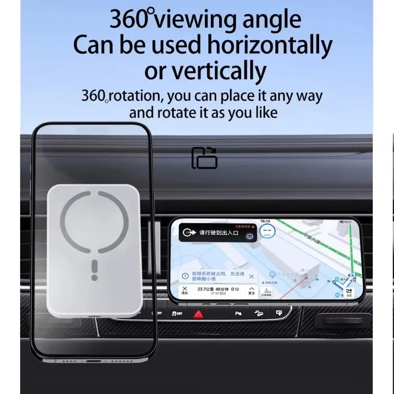 Car mount with 360-degree viewing angle and rotation capability, placed on a car dashboard.