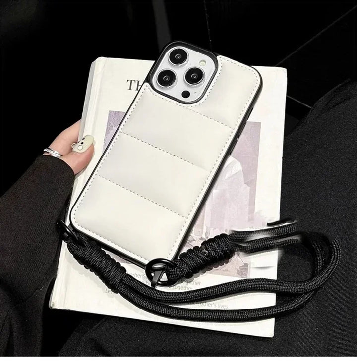 Soft Puffer Jacket Style Silicone Case with Lanyard for iPhone 15 Pro Max – Anti-Fingerprint & Full Protection