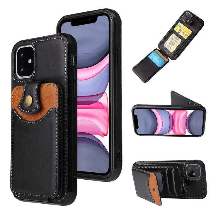 Luxury PU Leather Wallet Case for iPhone 15–SE – Card Holder with Sleek Design – Black, Brown, Red, Gray, Blue