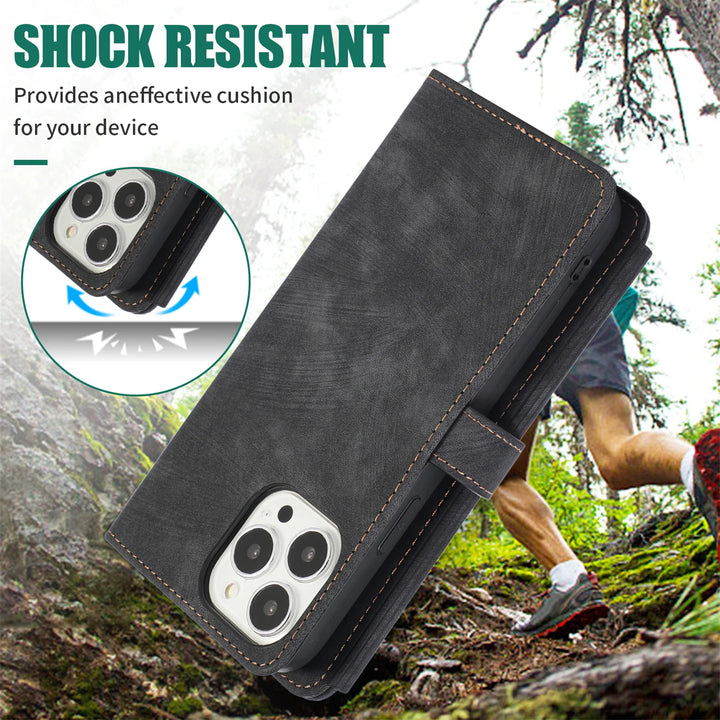 Crossbody wallet case for iPhone with card holder, lanyard, and kickstand for hands-free use.