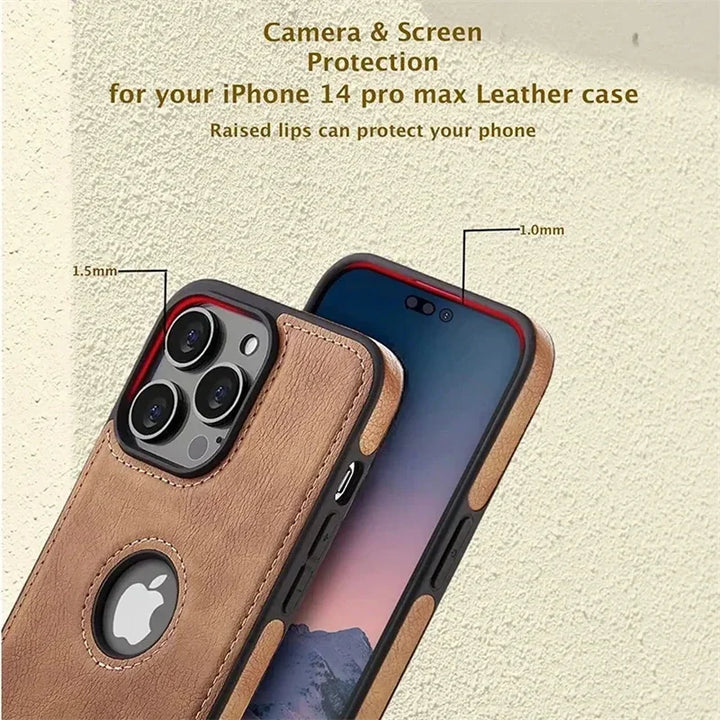 Classic Leather Case for iPhone 15/14/13/12/11/16 Pro Max with Logo View and Shockproof Design