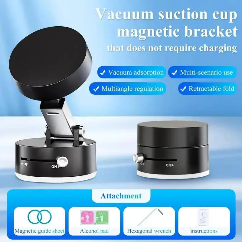 Black vacuum suction cup magnetic bracket with features listed on a blue background