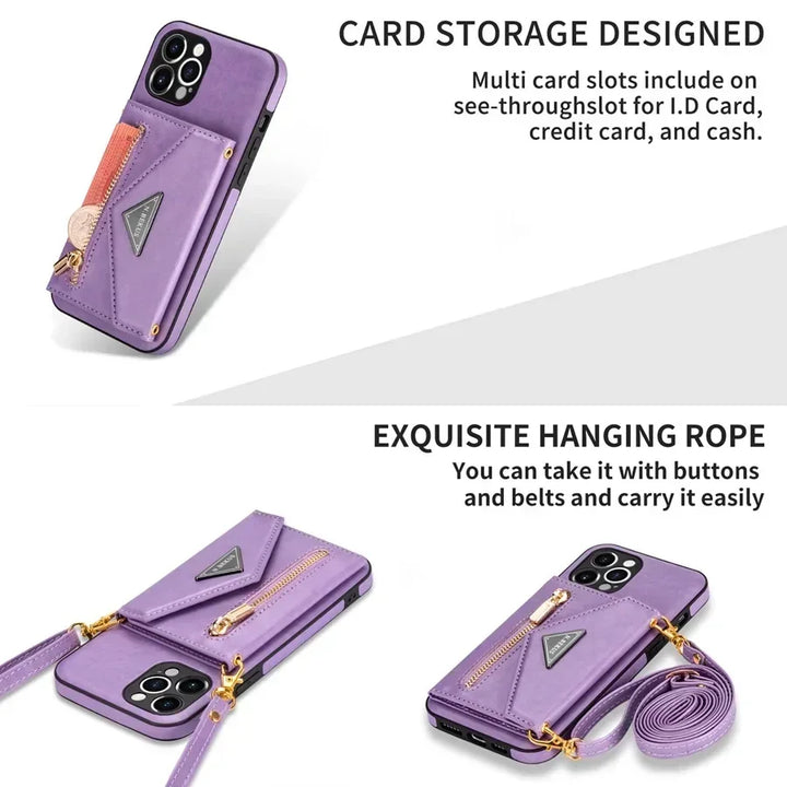 Zipper wallet crossbody phone case with card holder and detachable lanyard for iPhone models.