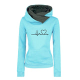 Light blue hoodie with a heart and pulse line design on a white background