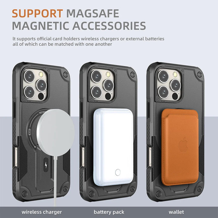 Military Shockproof Magnetic Case with Kickstand for iPhone 11–16 – Rugged Armor with Foldable Holder – Black, Green, Gold, Pink