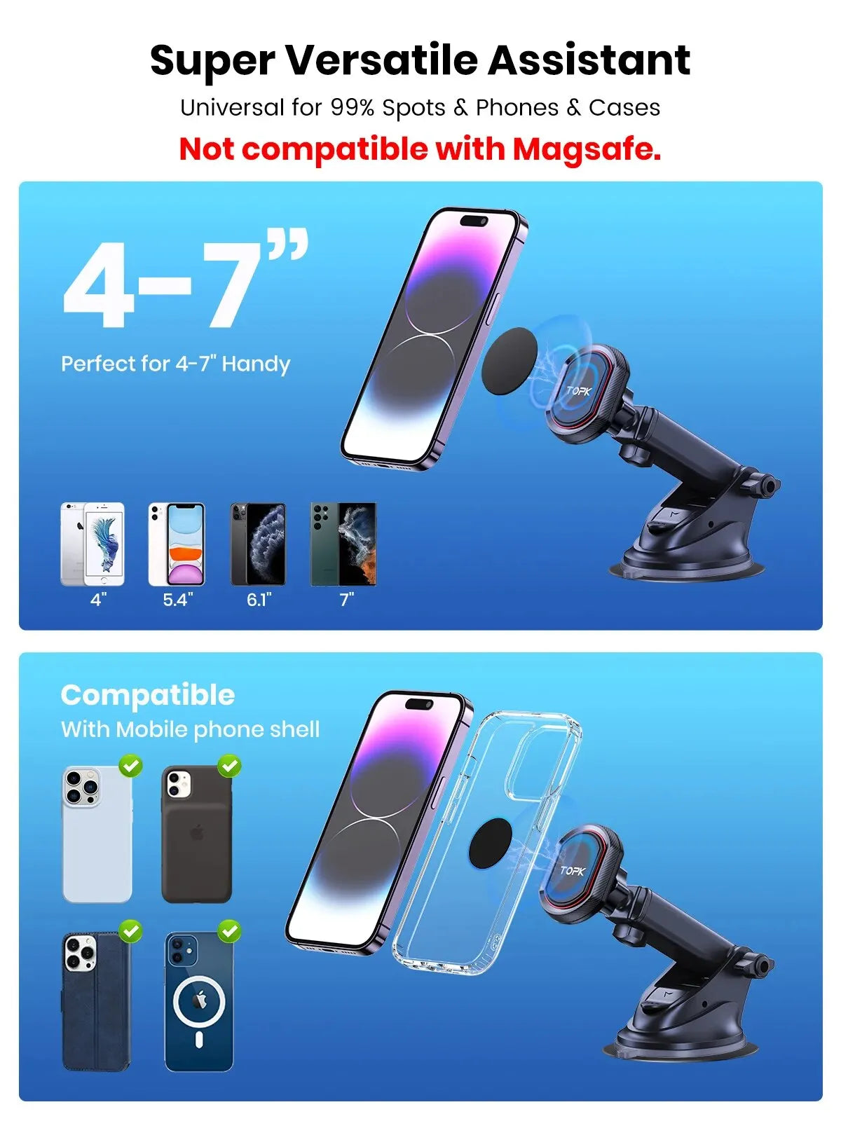 Product advertisement for a super versatile assistant with compatibility details on a blue and white background.