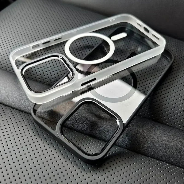 Metal Frame Transparent iPhone Case – MagSafe Magnetic Clear Protective Cover for iPhone 11–16 Pro Max