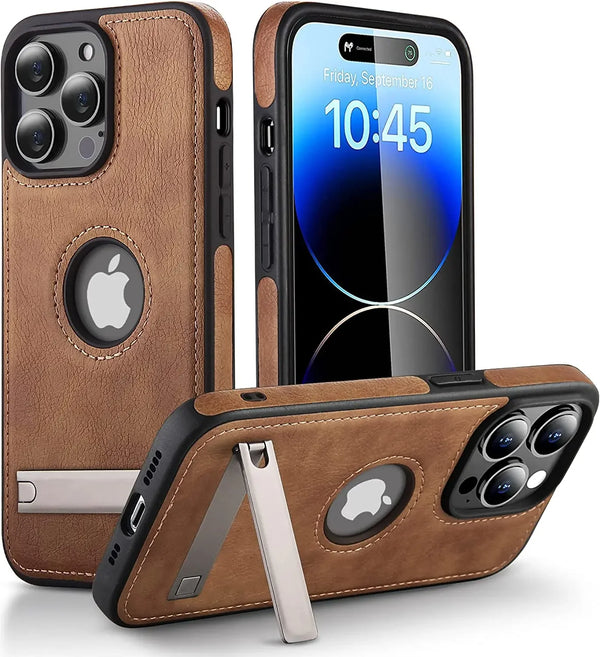 Leather Kickstand Case for iPhone 11/12/13/14/15 Pro Max Plus
