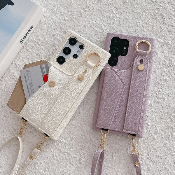 Leather Wallet Case with Wrist Strap, Crossbody Lanyard, and Card Holder for Samsung S23/S22/S21/A55/A54